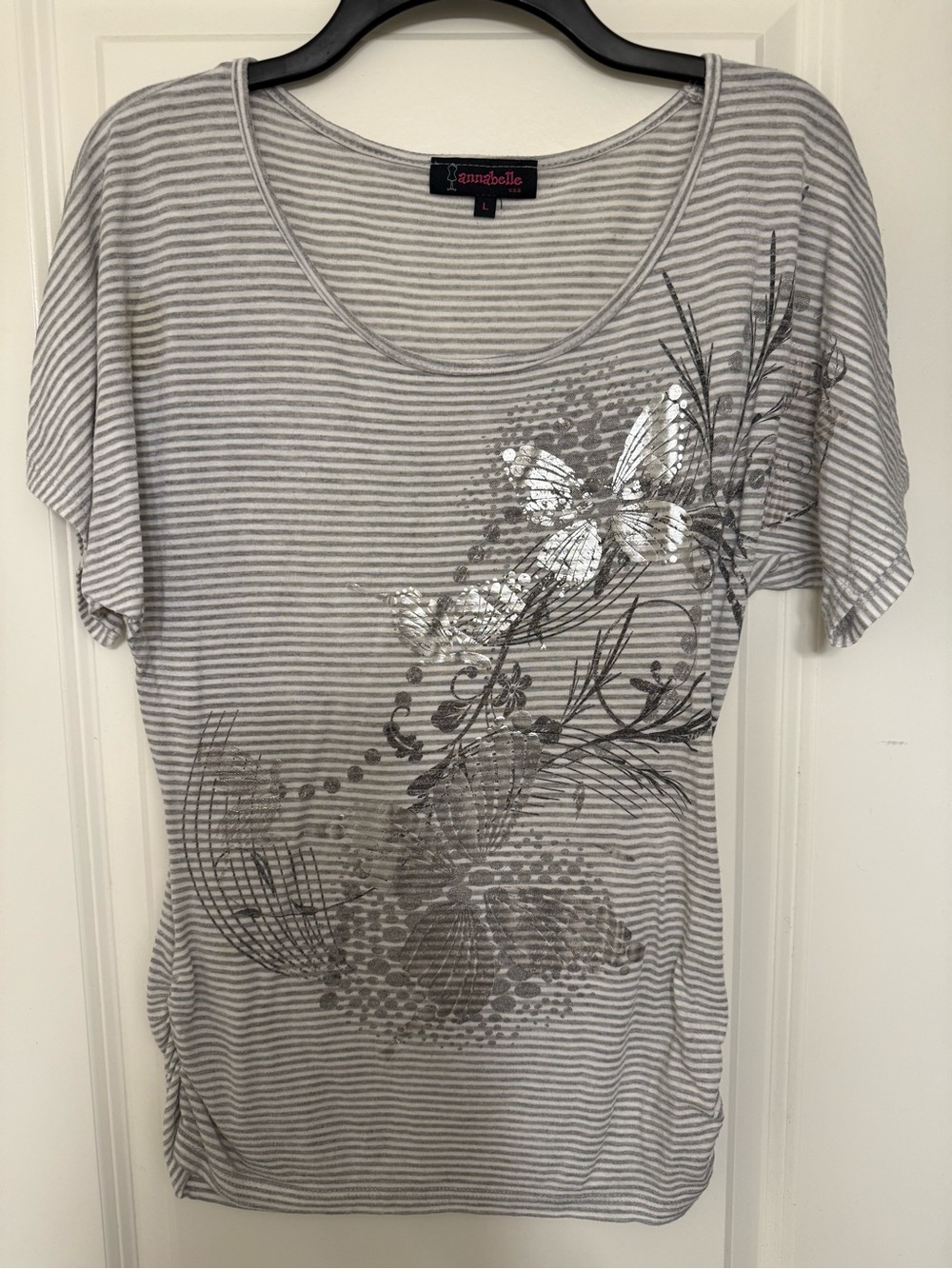 Annabelle Women's Gray Striped Butterfly T-Shirt,